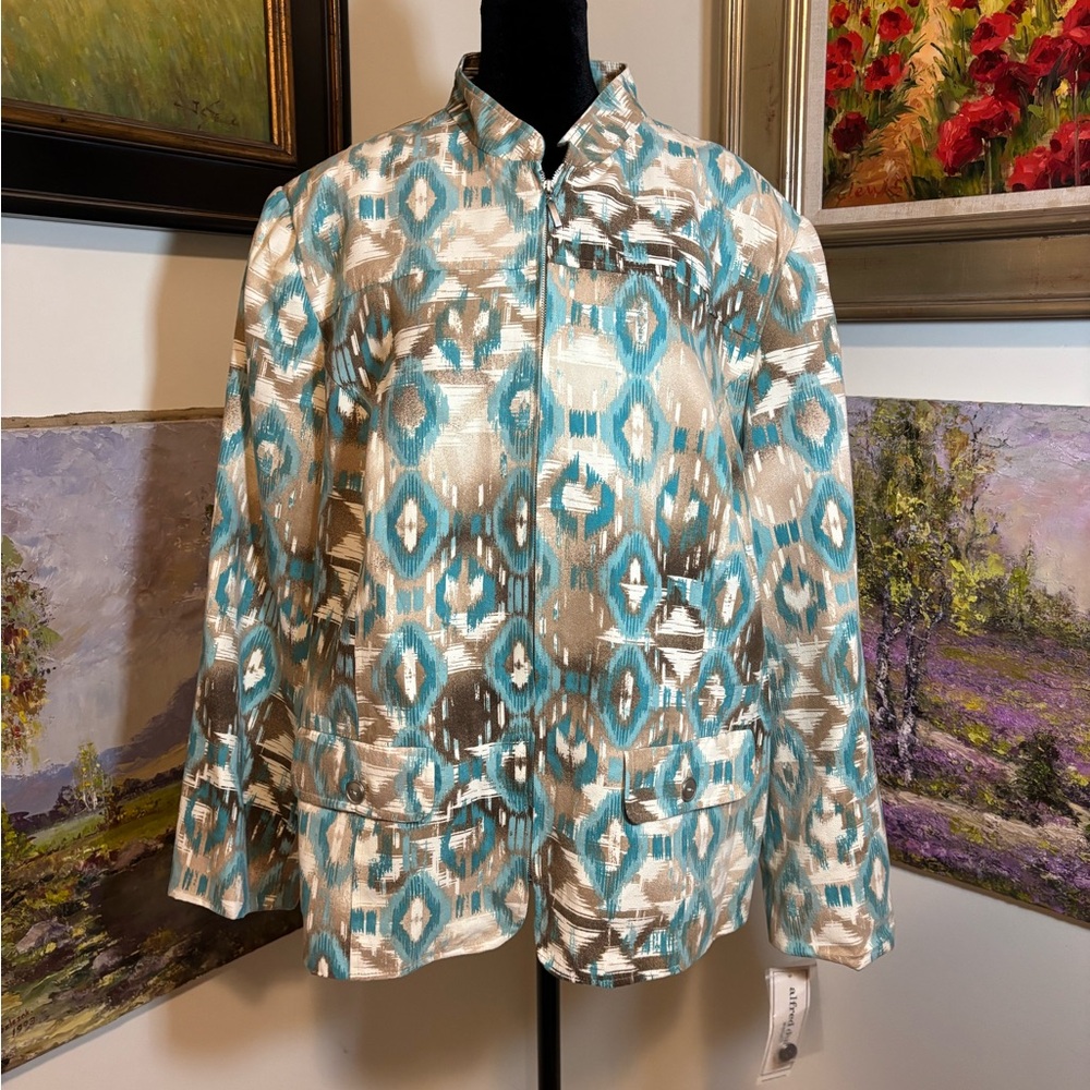 Alfred Dunner Blue and Cream Blazer with Ikat Print
